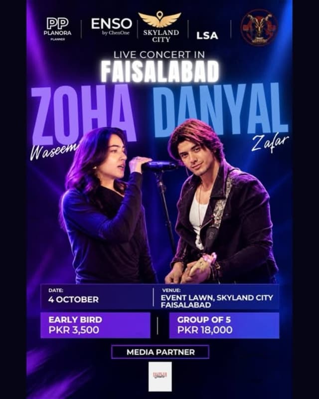 Live Concert in Faisalabad poster: Zoha Waseem and Daniyal Zafar, 4 October, Event Lawn, Skyland City